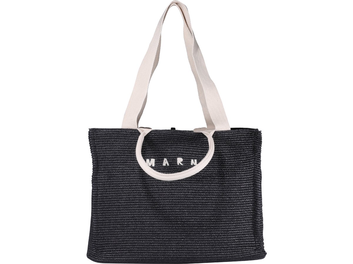 Marni Logo Embroidered Raffia Top Handle Tote Bag