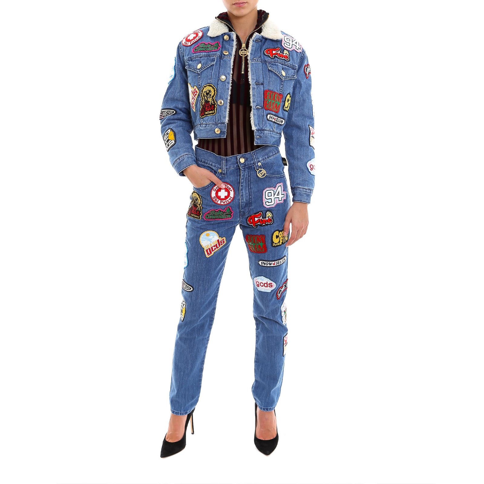 GCDS Patch Embellished Shearling Denim Jacket