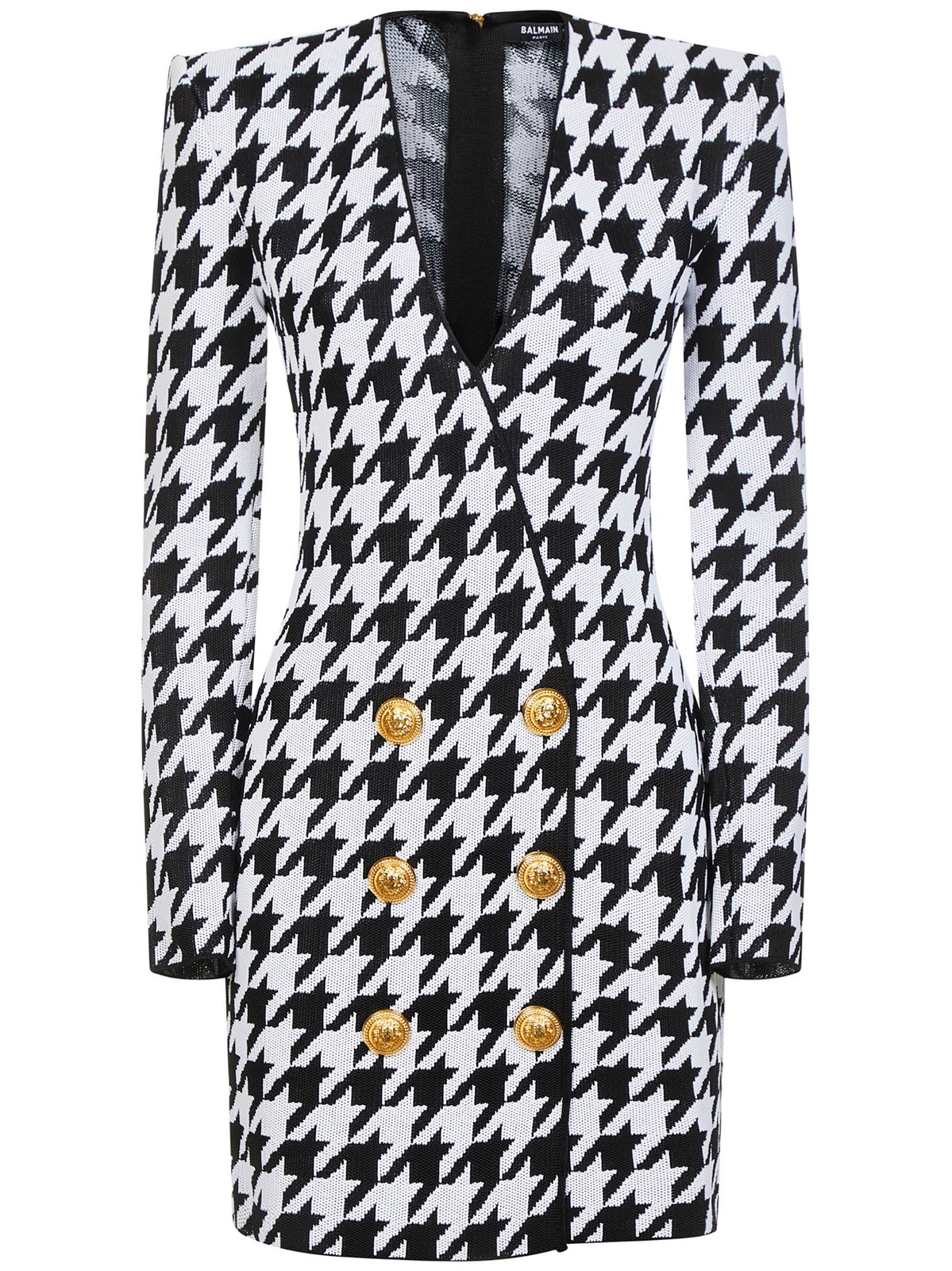 Balmain V-Neck Houndstooth-Print Mini Dress