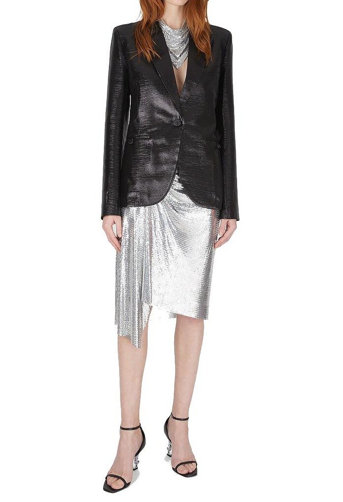 Paco Rabanne Asymmetric Metallic Ruched Midi Skirt