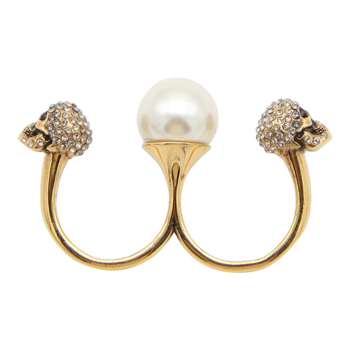 Alexander McQueen Pearl-Skull Embellished Double Ring
