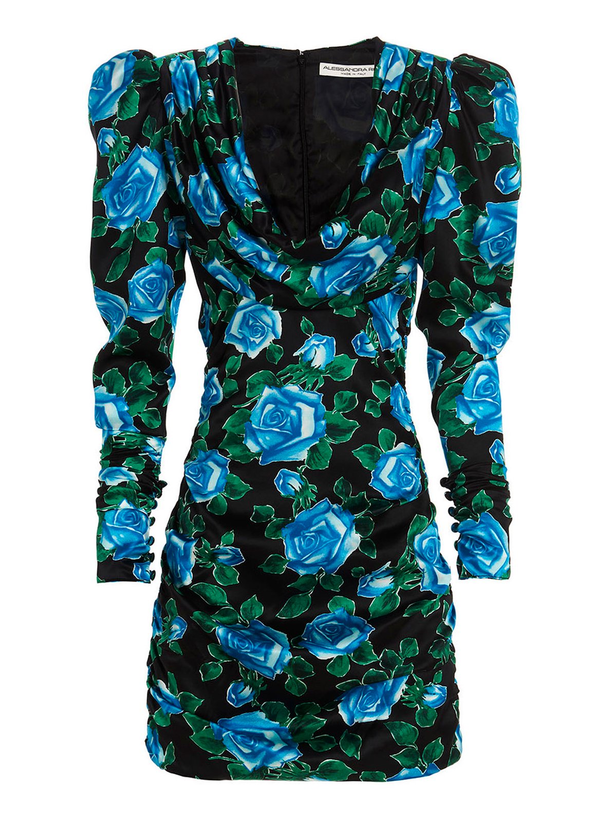 Alessandra Rich Rose Printed Satin Draped Mini Dress
