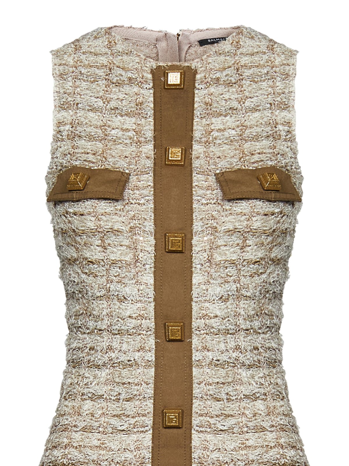 Balmain Buttoned Sleeveless Tweed Mini Dress