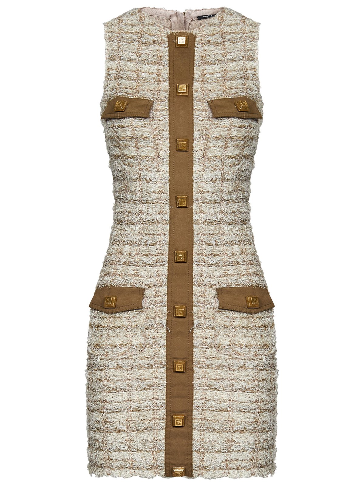 Balmain Buttoned Sleeveless Tweed Mini Dress
