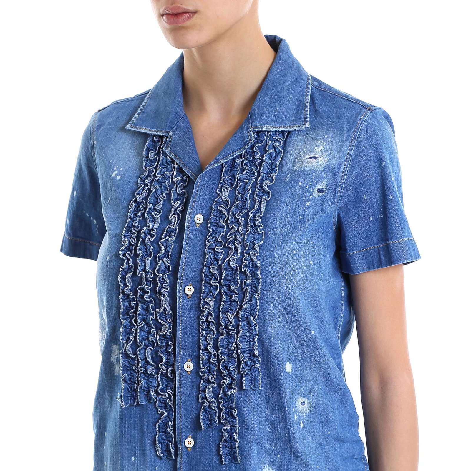 Dsquared2 Ruffled Short Sleeve Denim Shirt