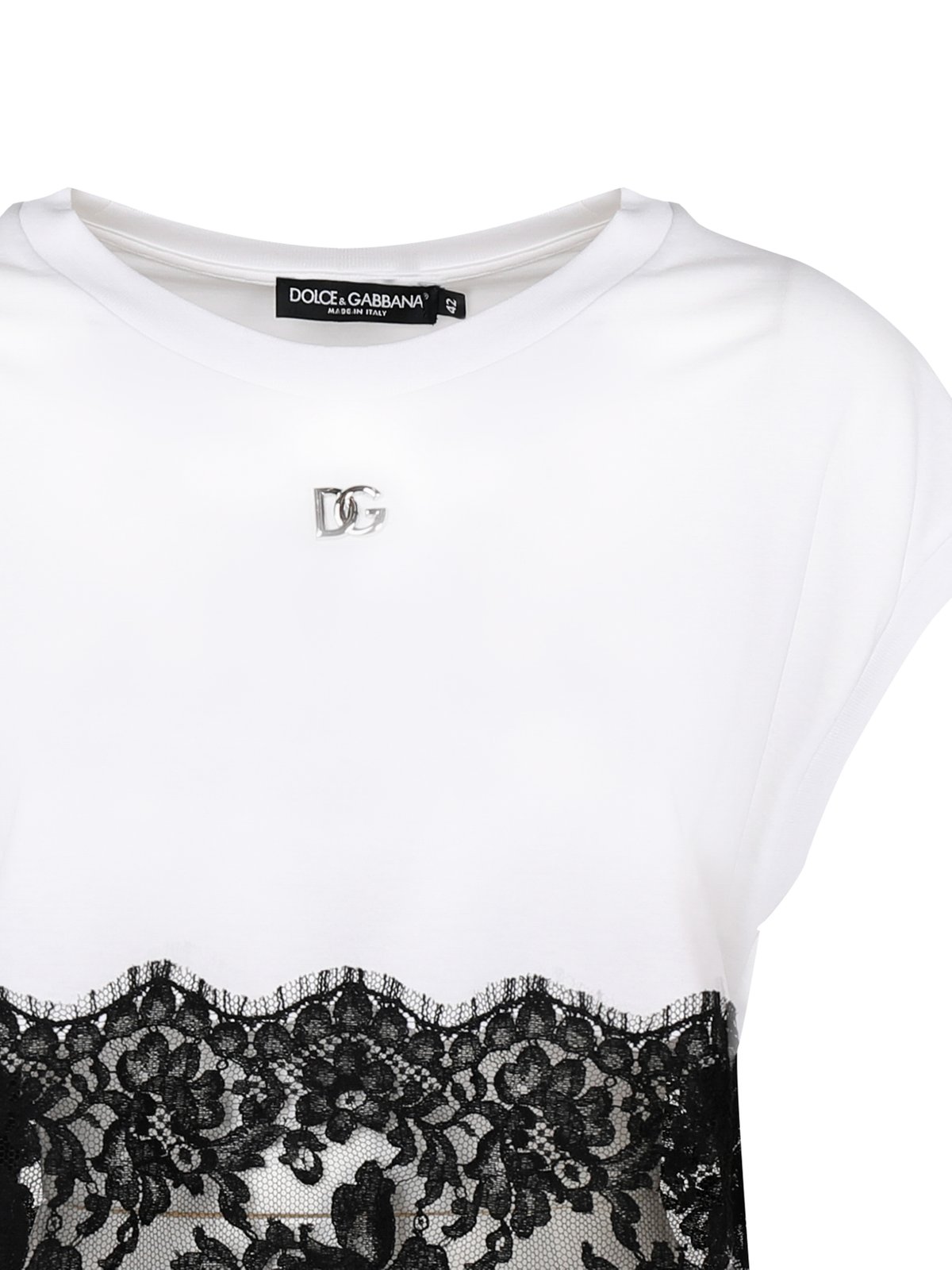 Dolce & Gabbana Lace Trimmed Logo Plaque T-Shirt 1 Dolce & Gabbana Lace Trimmed Logo Plaque T-Shirt