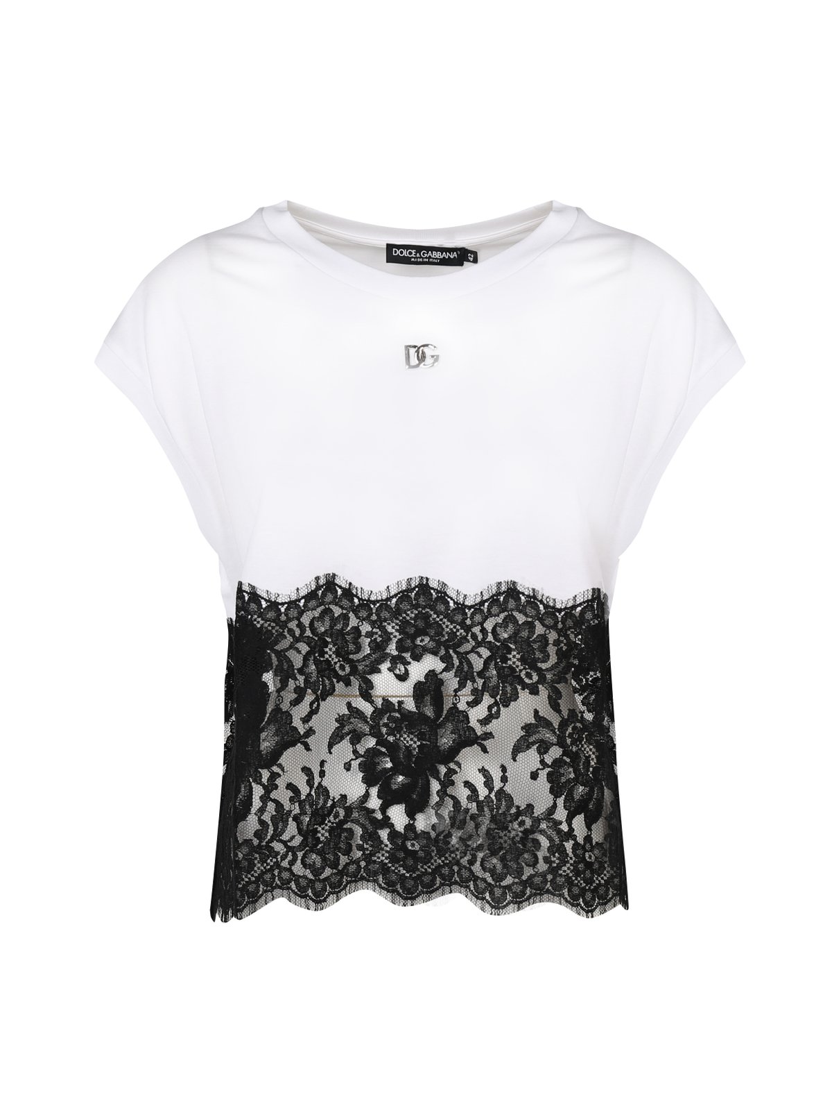 Dolce & Gabbana Lace Trimmed Logo Plaque T-Shirt 2 Dolce & Gabbana Lace Trimmed Logo Plaque T-Shirt