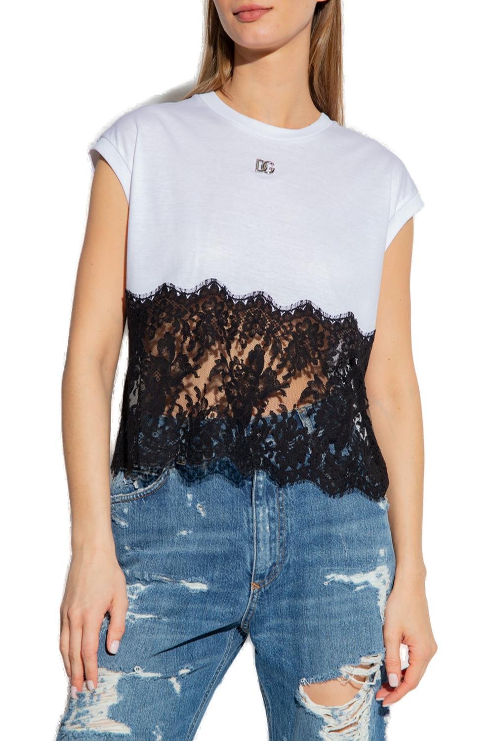 Dolce & Gabbana Lace Trimmed Logo Plaque T-Shirt 4 Dolce & Gabbana Lace Trimmed Logo Plaque T-Shirt
