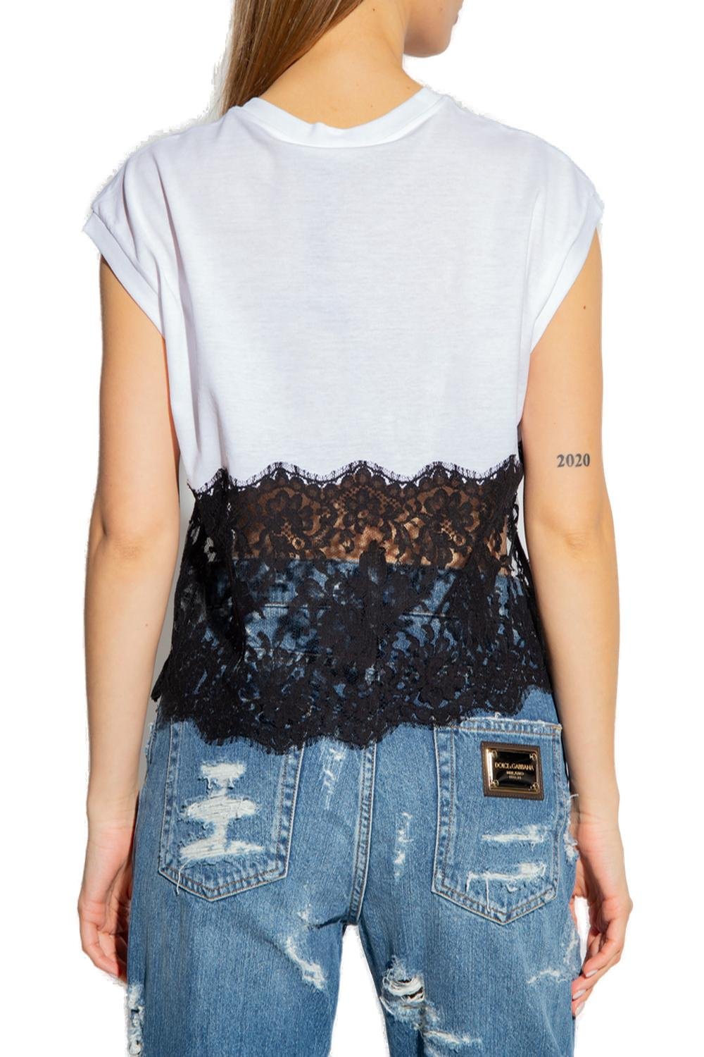 Dolce & Gabbana Lace Trimmed Logo Plaque T-Shirt 5 Dolce & Gabbana Lace Trimmed Logo Plaque T-Shirt
