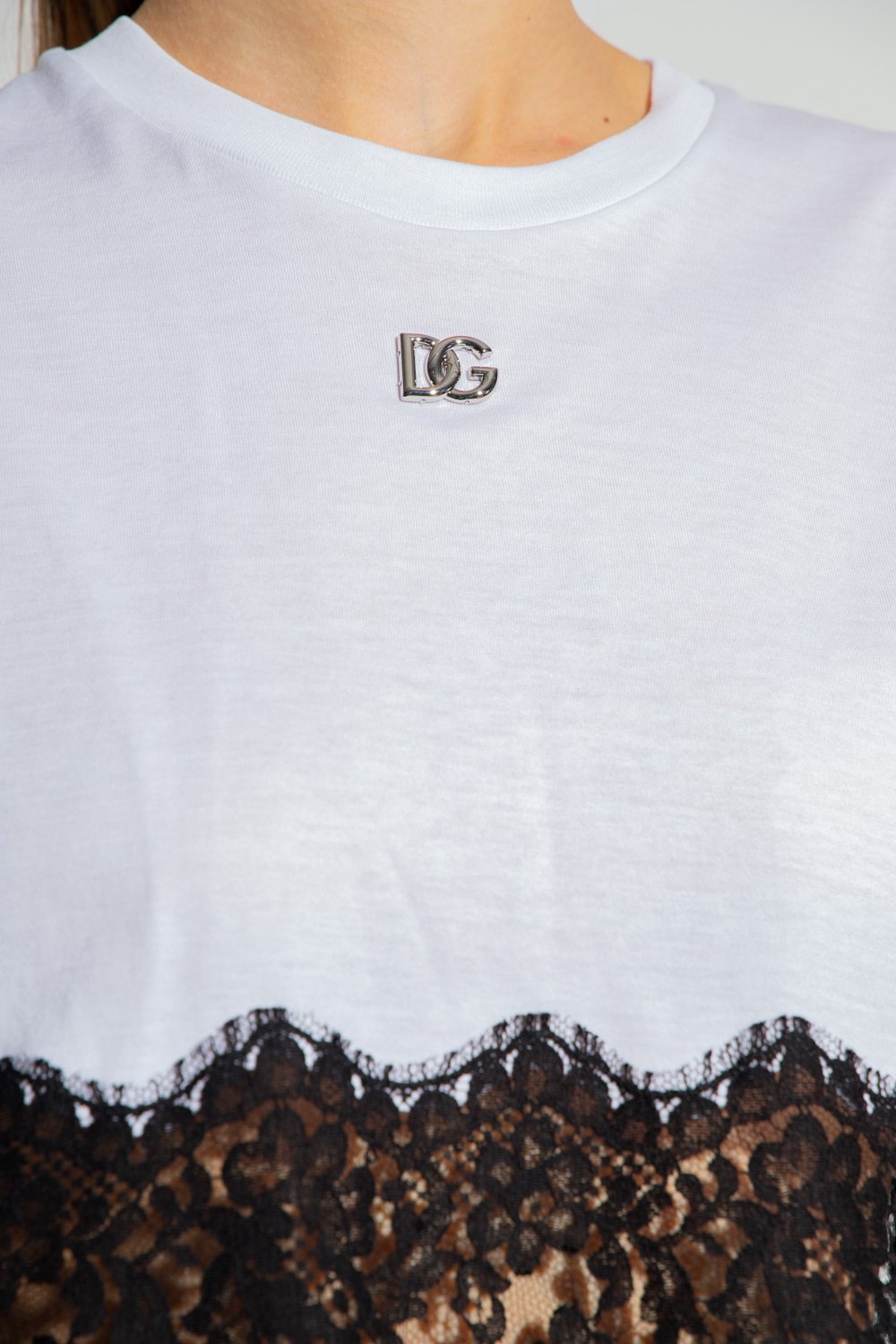 Dolce & Gabbana Lace Trimmed Logo Plaque T-Shirt 6 Dolce & Gabbana Lace Trimmed Logo Plaque T-Shirt